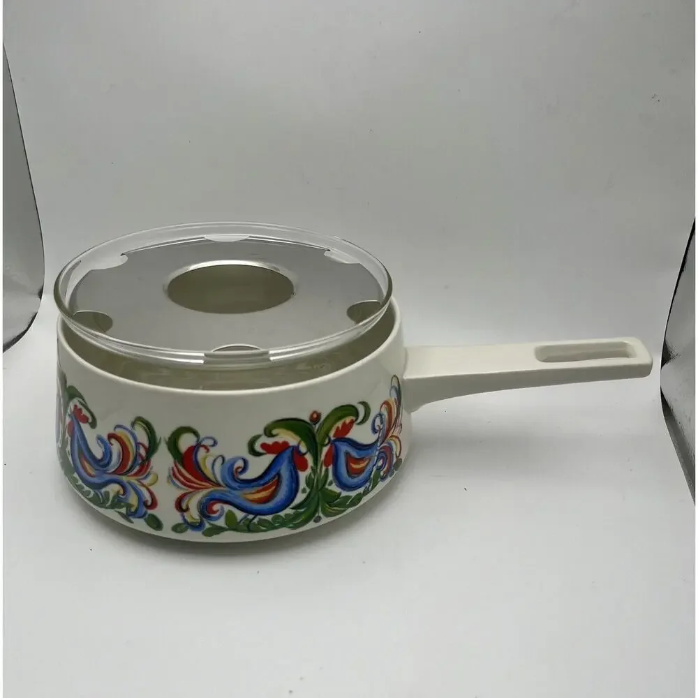 Vtg Villeroy & Boch Rooster Design Fondue Pot With Glass Insert & Lid Porcelain